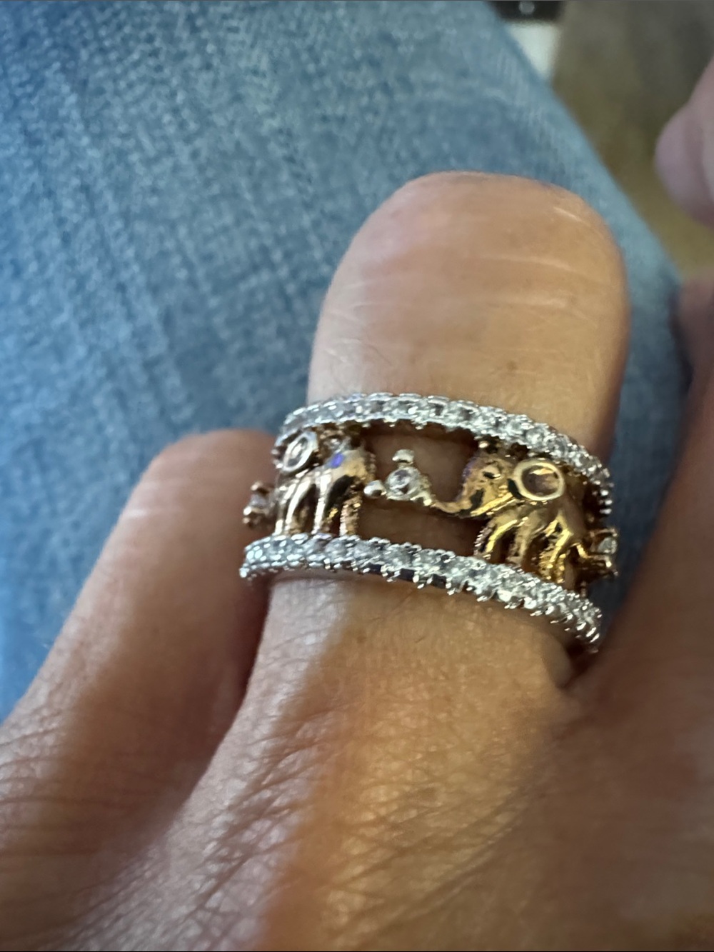 Sterling Silver S925 Gold Elephant Accent Band Ring with cubic zirconia Stones